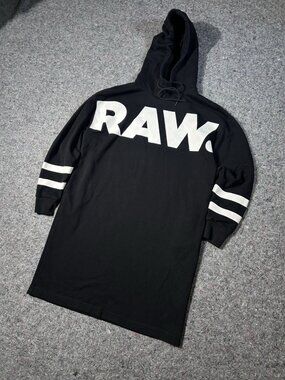 G-Star Raw Longline Hoodie Sz S Big Logo Oversized Extended Length Black